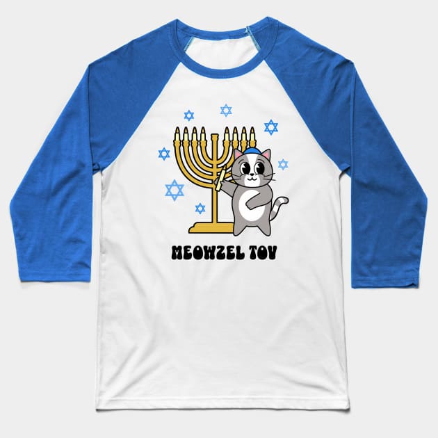 Meowzel Tov Funny Hanukkah Cat with Menorah Baseball T-Shirt by PUFFYP